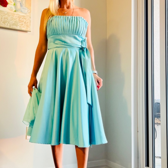 New adorable silk summer party dress Mori Lee turquoise color - Picture 3 of 8